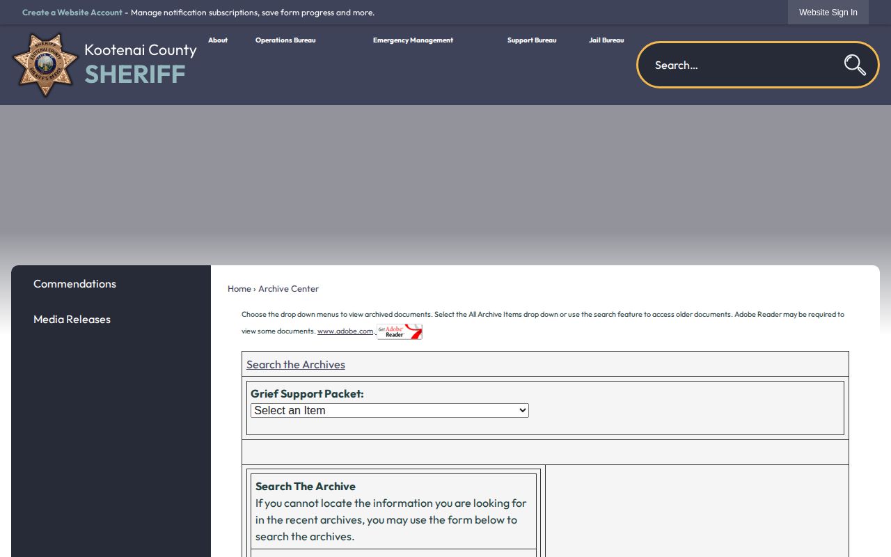 Kootenai County Sheriff Archive Center search controls