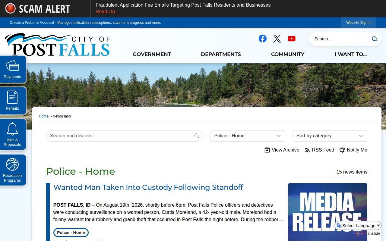 Post Falls Police News Flash page with selected official department announcements
