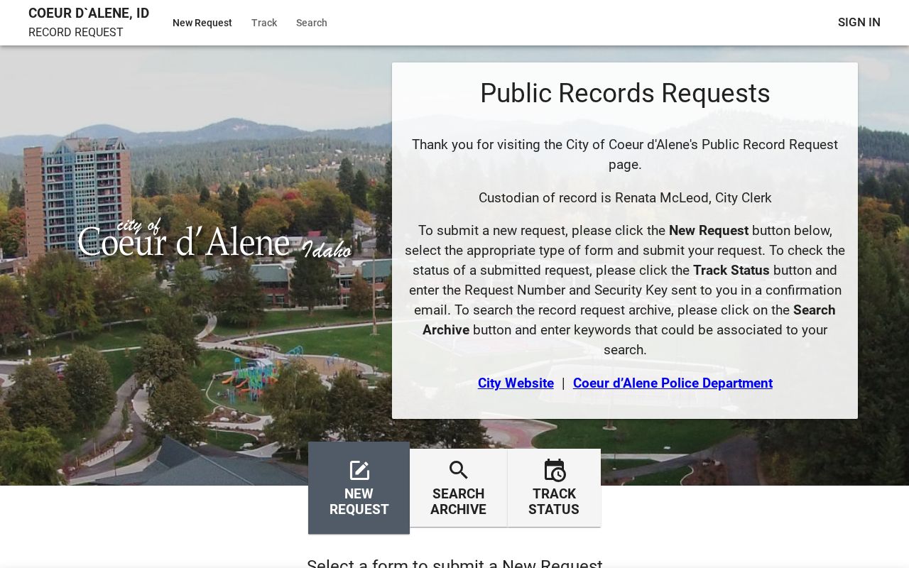 Coeur d’Alene JustFOIA portal for a new public records request