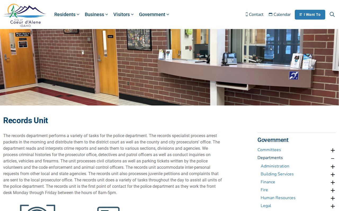 Coeur d’Alene Police Records Unit webpage for arrest packet and public record information