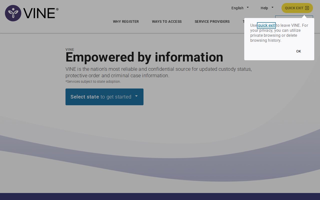 VINELink registration screen for custody notifications