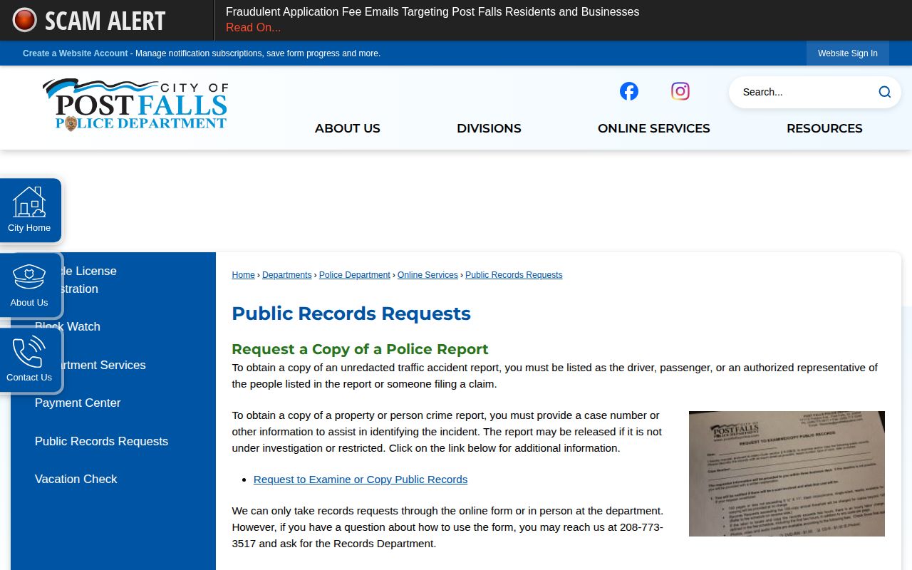 Official Post Falls public records request webpage for police and city records