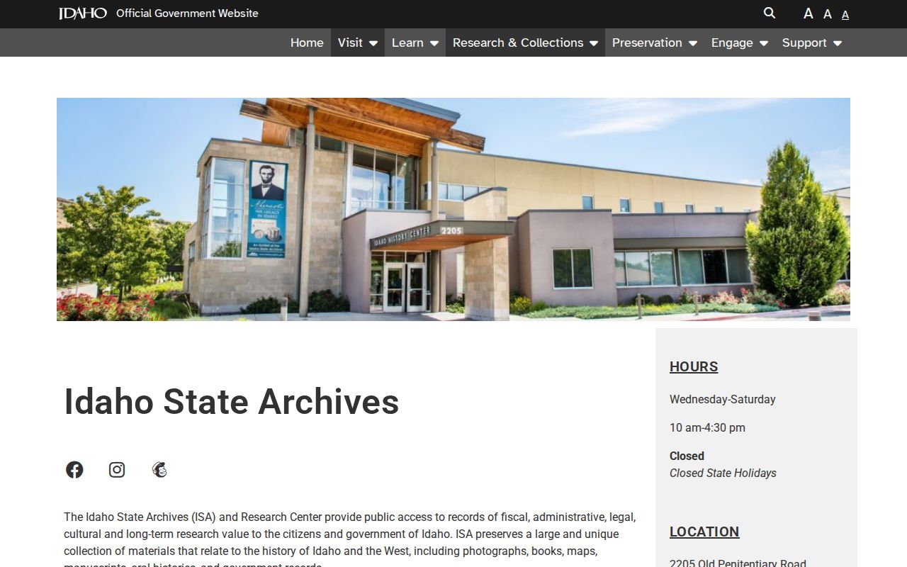 Idaho State Archives webpage for older government record research